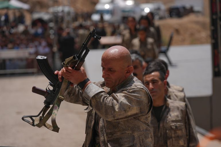 تفاصيل اللجنة التركية المعنية بمتابعة نزع سلاح العمال الكردستاني 1 SULAYMANIYAH, IRAQ - JULY 11: The first group of PKK terrorists, (listed as a terrorist organization by Turkiye, the U.S. and the EU), lays down and destroys their weapons in Sulaymaniyah, northern Iraq on July 11, 2025. In May, the terror group PKK, decided to dissolve and lay down its arms. The announcement followed a February statement by jailed PKK ringleader Abdullah Ocalan, who called for the dissolution of the PKK and its affiliated groups, urging an end to the armed campaign that has lasted more than four decades. In its 40-year terror campaign against Türkiye, the PKK – listed as a terrorist organization by Türkiye, the US, and EU – has been responsible for the deaths of over 40,000 people, including women, children, infants and the elderly. ( Stringer - Anadolu Agency )