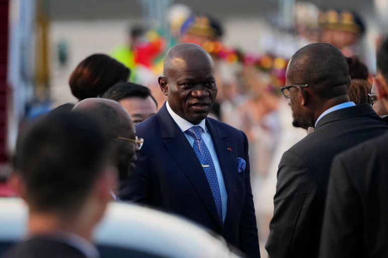 ما أهداف ترامب من قمته مع 5 رؤساء أفارقة؟ 2 BEIJING, CHINA - SEPTEMBER 01: Gabon's President, Brice Clotaire Oligui Nguema (C) talks as he arrives at Beijing Capital International Airport ahead of the 2024 Summit of the Forum on China-Africa Cooperation (FOCAC) on September 1, 2024 in Beijing, China. The forum between the People's Republic of China and most states in Africa is scheduled to be held from September 4th through the 6th. (Photo by Ken Ishii - Pool/Getty Images)