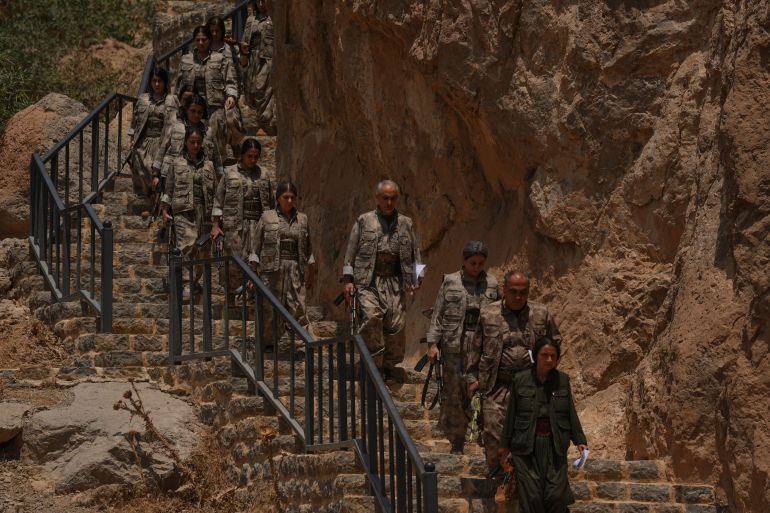 ماذا بعد حرق حزب العمال الكردستاني سلاحه؟ 1 SULAYMANIYAH, IRAQ - JULY 11: The first group of PKK terrorists, (listed as a terrorist organization by Turkiye, the U.S. and the EU), lays down and destroys their weapons in Sulaymaniyah, northern Iraq on July 11, 2025. In May, the terror group PKK, decided to dissolve and lay down its arms. The announcement followed a February statement by jailed PKK ringleader Abdullah Ocalan, who called for the dissolution of the PKK and its affiliated groups, urging an end to the armed campaign that has lasted more than four decades. In its 40-year terror campaign against Türkiye, the PKK – listed as a terrorist organization by Türkiye, the US, and EU – has been responsible for the deaths of over 40,000 people, including women, children, infants and the elderly. ( Stringer - Anadolu Agency )