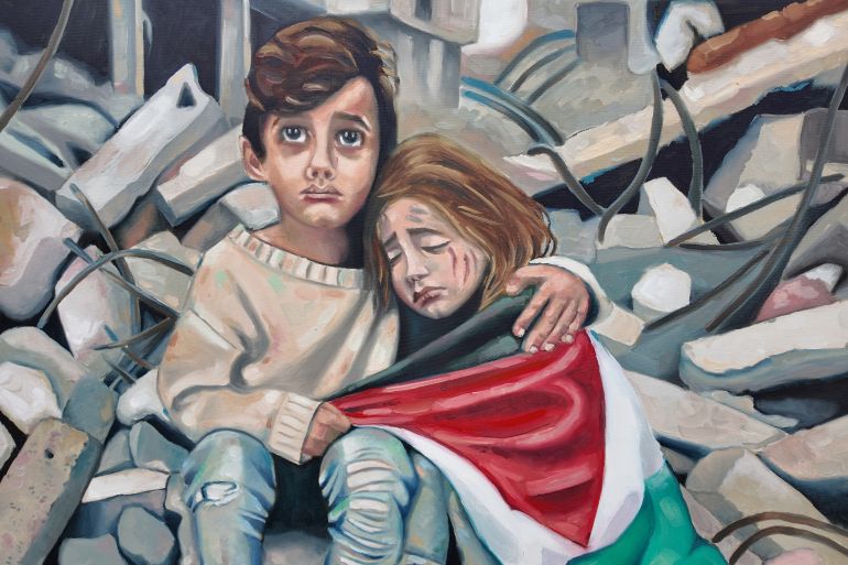 من النبطية إلى غزة.. صرخة ضد الإبادة والتجويع 3 اللوحات الفنية حضرت بشكل لافت في الفعالية والتي تحاكي معاناة أهالي قطاع غزّة (الجزيرة)