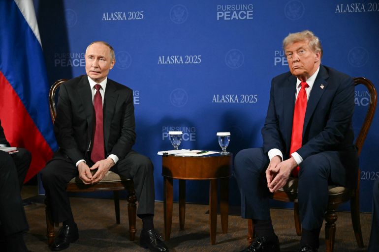 US President Donald Trump and Russian President Vladimir Putin meet during a US-Russia summit on Ukraine at Joint Base Elmendorf-Richardson in Anchorage, Alaska, on August 15, 2025.