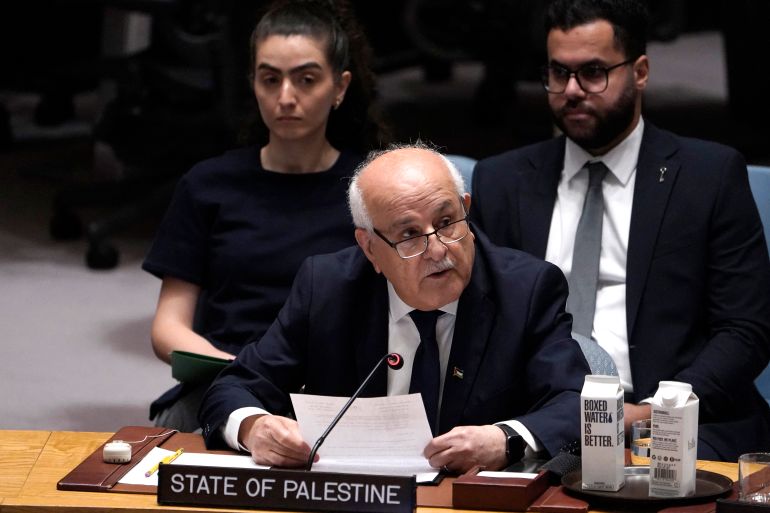 Riyad Mansour, Palestinian Ambassador to the UN, speaks during an emergency UN Security Council meeting on the situation in Gaza at United Nations headquarters on August 10, 2025 in New York.