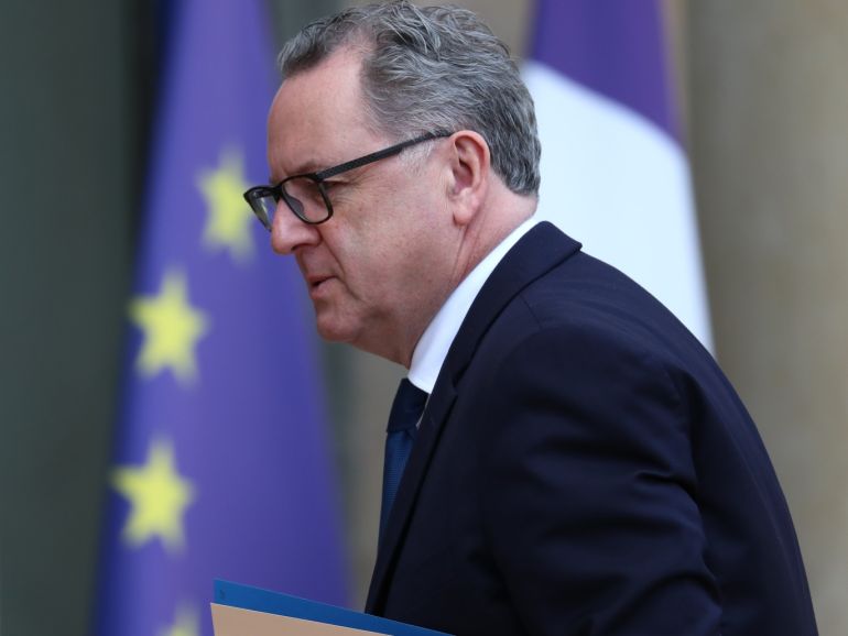French President holds yellow vest protest crisis meeting at the Elysee Palace- - PARIS, FRANCE - DECEMBER 10: President of French National Assembly Richard Ferrand arrives for a meeting French President Emmanuel Macron, national political leaders, unions, business leaders concern yellow vests (gilet jaune) protests at the Elysee Palace in Paris, France on December 10, 2018.