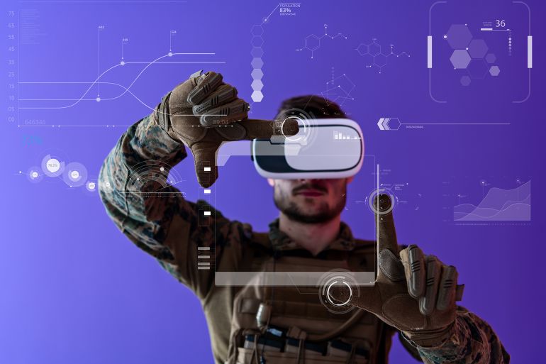السيادة الرقمية.. عندما يرتهن مصير دول بكبسة زر 1 modern warfare futuristic soldier using virtual reality glasses on purple background as concept of artificial intelligence on Hud screen display