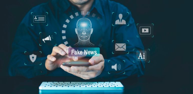 المؤرخة جيل كاستنر: تاريخ التخريب ممتد وقد دمّر حضارات دون شنّ حروب 8 Fake News concept. Ai technology, Deepfake deep learning, deceptive stories, propaganda, lies, fabricated facts to control, manipulate opinion on internet and social media, person showing misleading