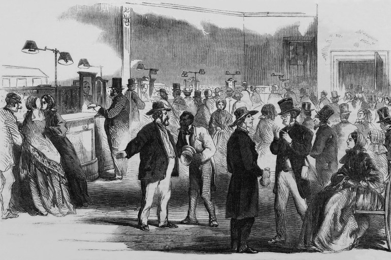 في البدء كان الاستيطان.. مستعمرات العالم الجديد تشكل سلالات أميركا السياسية 2 The Civil War. New Yorkers in the Assay Office on Wall Street, to purchase newly issued government bonds that financed the Union war effort. September 1861.; Shutterstock ID 242300575; purchase_order: aljazeera ; job: ; client: ; other: