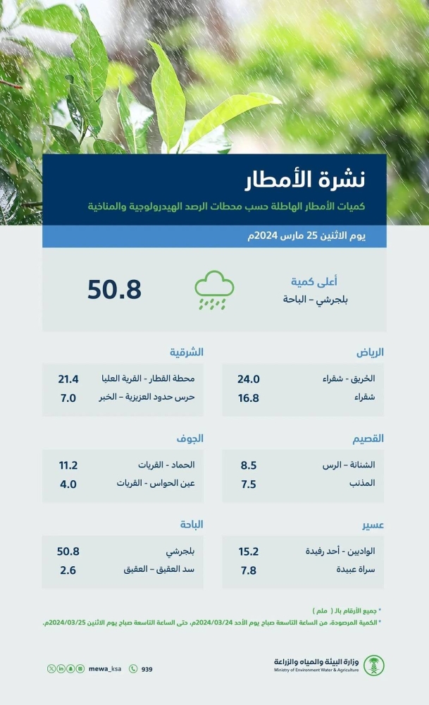 «البيئة»: 10 مناطق تستقبل هطول الأمطار في 69 محطة.. والباحة تتصدر بـ50.8 ملم 2370205