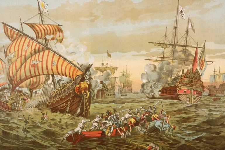 يوم أكل الصليبيون لحوم سكان معرة النعمان.. هل نسيت أوروبا تاريخها؟ 7 An illustration depicts the destruction caused by Portuguese explorer Vasco da Gama (1469 - 1525) on Mohammedan pilgrims during his 1497 - 1499 journey around the Cape of Good Hope to Asia. (Photo by Kean Collection/Getty Images)