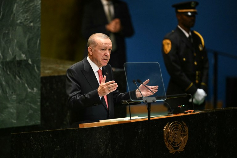 Turkey's President Recep Tayyip Erdogan speaks during the 79th Session of the United Nations General Assembly at the United Nations headquarters in New York City on September 24, 2024. (Photo by ANGELA WEISS / AFP)