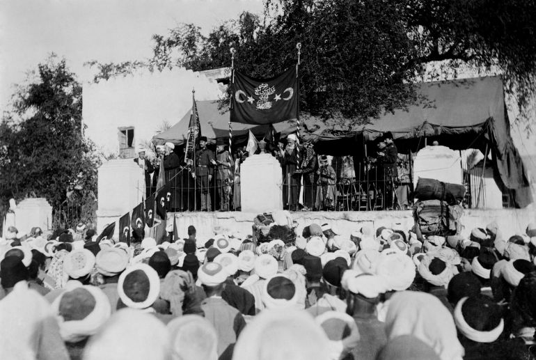 World War 1 in the Middle East. Sherif of Medina preaching the Holy War. He joined the Sheil-el-Islam of Istanbul, attempting to rally all Islamic people to join the Central Powers (Austria, Germany,