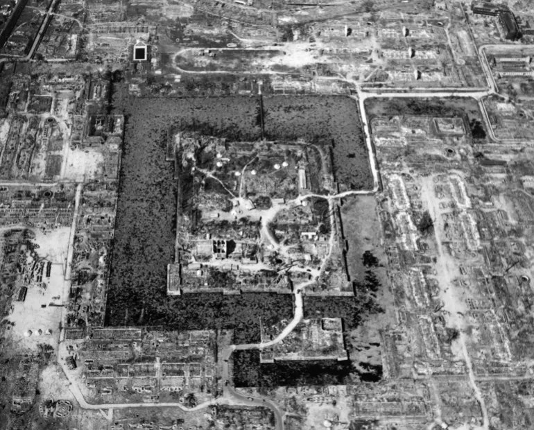 An aerial view of the total destruction of Hiroshima, the result of the US atomic bomb – the first dropped in wartime – on August 6, 1945 [US Air Force/AP]