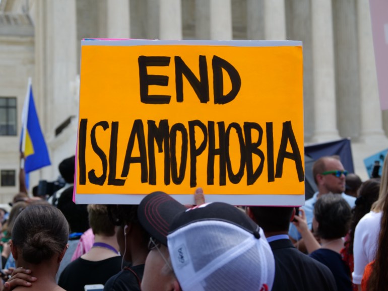 End Islamophobia sign at protest Rally at the United States Supreme Court against a proposed Muslim ban on travel to USA. Recorded June 26, 2018.