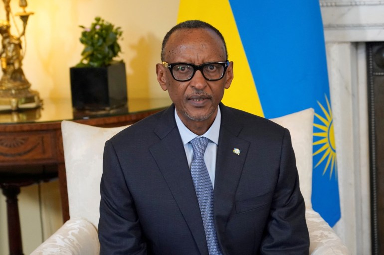 President of Rwanda, Paul Kagame, poses for the media ahead of his meeting with Britain's Prime Minister Rishi Sunak inside 10 Downing Street in London, Britain April 9, 2024. Alberto Pezzali/Pool via REUTERS