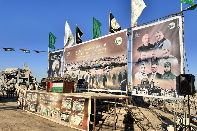 KHAN YUNIS, GAZA - FEBRUARY 15: Al-Qassam Brigades, the armed wing of Hamas, make preparations to hand over Israeli hostages Alexandre Sasha Troufanov, Sagui Dekel-Chen and Yair Horn within the 6th round of prisoner and hostage swap deal between Hamas and Israel in Khan Yunis, Gaza on February 15, 2025. (Photo by Ashraf Amra/Anadolu via Getty Images)