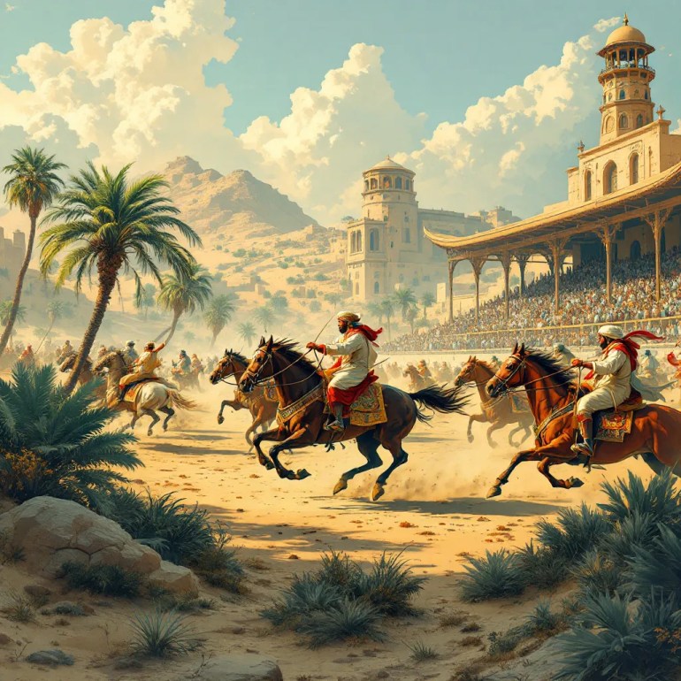 An artistic depiction of an ancient horse race showing riders nearing the finish line with the "Qasab al-Sabaq" (pole marker) in sight. The energy and historical atmosphere of the event are vividly captured.