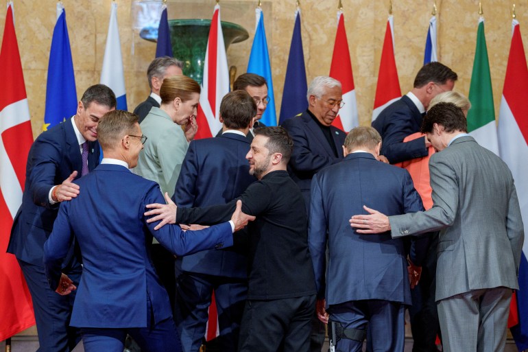 President Volodymyr Zelenskiy, Spain's Prime Minister Pedro Sanchez and Finland's President Alexander Stubb react next to Poland's Prime Minister Donald Tusk, Canada's Prime Minister Justin Trudeau, European Council President Antonio Costa, European Commission President Ursula von der Leyen and other officials as they attend the European leaders' summit to discuss European security and Ukraine, at Lancaster House in London, Britain, March 2, 2025. NTB/Javad Parsa/via REUTERS ATTENTION EDITORS - THIS IMAGE WAS PROVIDED BY A THIRD PARTY. NORWAY OUT. NO COMMERCIAL OR EDITORIAL SALES IN NORWAY.