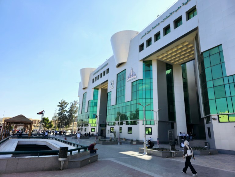 Cairo, Egypt, October 22 2024: Egyptian University faculty of medicine dentistry building, Translation of Arabic words (Ain Shams University Faculty of dentistry), an Egyptian dental school in Egypt