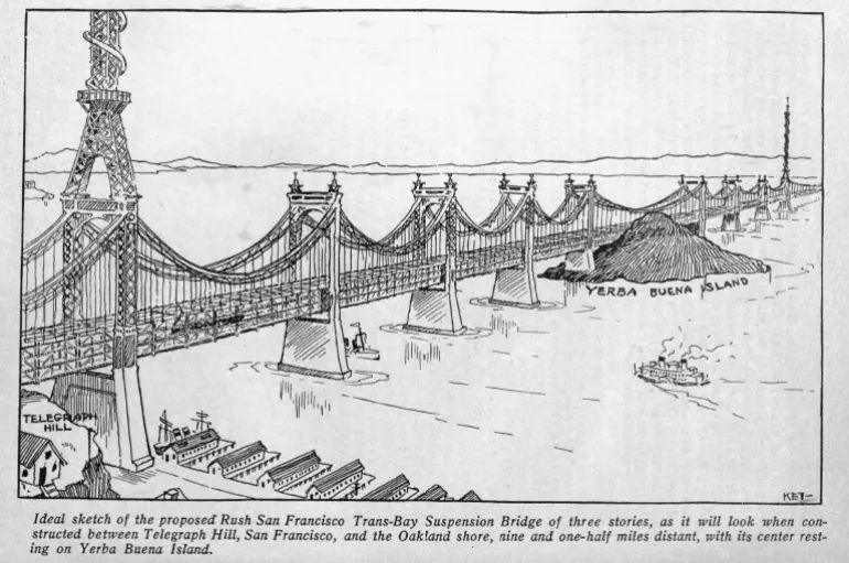 1859م حين أعلن رجل من جنوب أفريقيا نفسه إمبراطورا للولايات المتحدة 26 A sketch of the proposed San Francisco-Oakland Bay Bridge as seen in Overland Monthly in April 1913