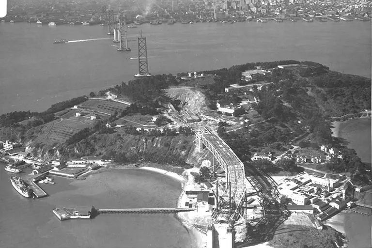 A close-up photograph taken of Yerba Buena Island to document the progress of the construction of the San Francisco-Oakland Bay Bridge in 1935 [US Navy photograph]
