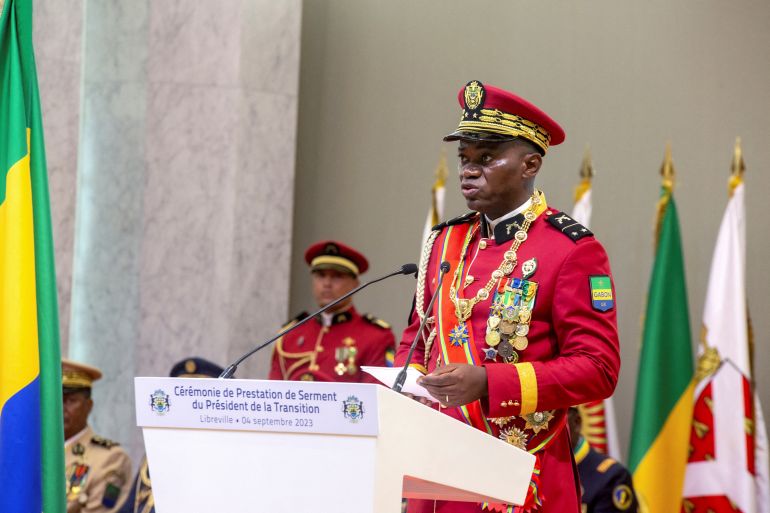 دور ليبي ومسجد "مغربي".. كيف أسلم بونغو وانتشر الإسلام بالغابون؟ 19 Gabon coup leader General Brice Oligui Nguema speaks after being sworn in as interim president during his swearing-in ceremony, in Libreville, Gabon, September 4, 2023. REUTERS/Stringer NO RESALES. NO ARCHIVES