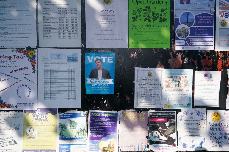 HULL, ENGLAND - MAY 01: A campaign flyer is displayed on a notice board for Luke Campbell, Reform UK candidate for the Hull and East Yorkshire Combined County Authority Mayoral election as voters go to the polls during local elections in England on May 01, 2025 in Hull, England. Voters across England will elect four regional mayors and 1,750 councillors on Thursday, 1 May 2025. (Photo by Ian Forsyth/Getty Images)