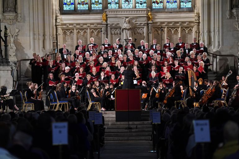 بالصور.. روسيا وأوروبا تحييان ذكرى الانتصار على النازية 22 The Parliament Choir and Sinfonia Smith Square performing in Westminster Hall in the Palace of Westminster in London, London during a VE Day anniversary concert. Picture date: Wednesday May 7, 2025. (Photo by Stefan Rousseau/PA Images via Getty Images)