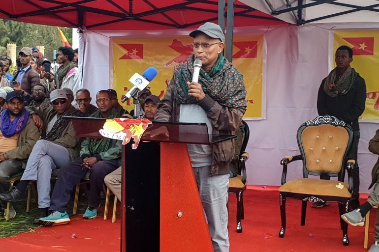 ماذا يعني نزع القانونية عن جبهة تحرير تيغراي؟ 20 Tigray's president Debretsion Gebremichael speaks in public for the first time after the capture of the regional capital by Tigray forces, in Mekele, in the Tigray region of northern Ethiopia on Thursday, July 1, 2021. Tigray leaders have rejected a unilateral cease-fire that Ethiopia’s government announced as its soldiers retreated from Mekele, and they have vowed to chase “enemies” out of the rest of the Tigray region. (AP Photo)