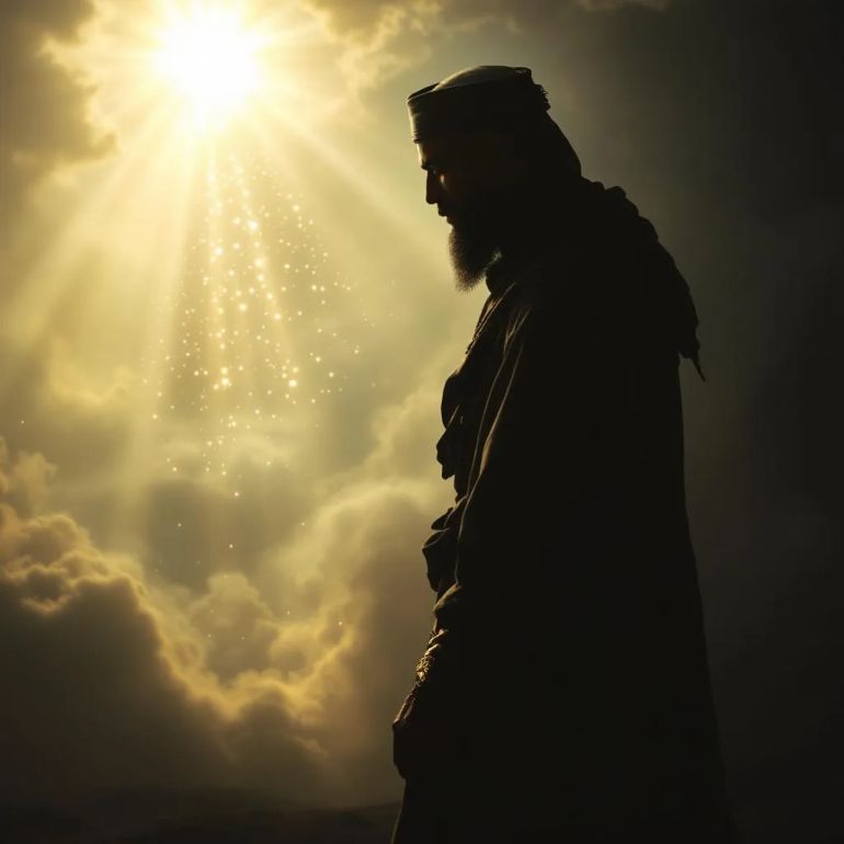 "ونفس الشريف لها غايتان"… كيف تناول الشعراء مفهوم التضحية في قصائدهم؟ 2 "An evocative, symbolic scene showing a silhouette of a standing figure dressed in traditional Islamic warrior attire, facing a radiant light source symbolizing divine presence and spiritual purity. Surrounding the figure are ethereal elements like an open Quran glowing softly, flowing desert winds, and gentle rays of light breaking through clouds. The atmosphere is serene and majestic, conveying deep faith, sincere intention, and the nobility of self-sacrifice without revealing the person's face or identity."