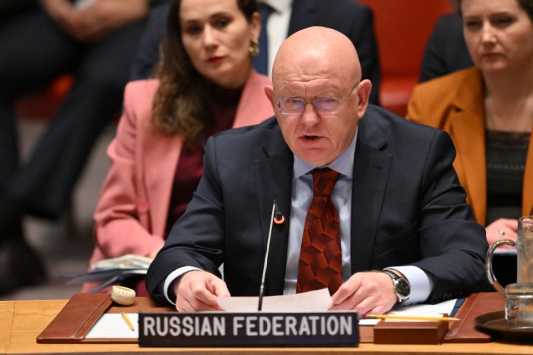 بين التأييد والتنديد وتجنب التصعيد.. مواقف دولية من الضربة الأميركية لإيران 2 Russian Ambassador to the United Nations Vasily Nebenzya speaks during a United Nations Security Council meeting on the Israel-Iran conflict at the UN headquarters in New York on June 20, 2025.