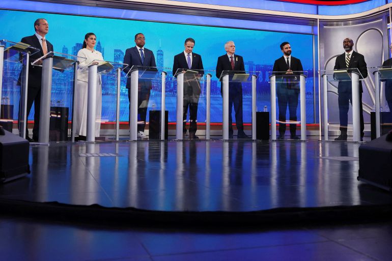 في ظل الهجوم على أول مرشح مسلم لعمدة نيويورك ما تأثير والديه على أفكاره؟ 2 Democratic mayoral candidates Adrienne Adams, Brad Lander, Jessica Ramos, Zellnor Myrie, Andrew Cuomo, Whitney Tilson, Zohran Mamdani, Michael Blake and Scott Stringer participate in a Democratic mayoral primary debate, Wednesday, June 4, 2025, in New York. Yuki Iwamura/Pool via REUTERS