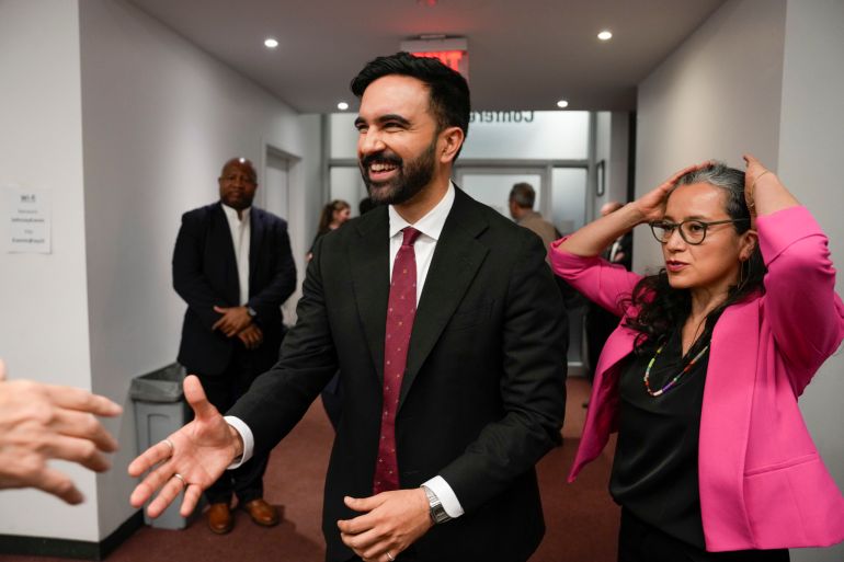 epa12172654 Democratic mayoral candidate Zohran Mamdani greets people after the New York City Democratic Mayoral Primary Debate at John Jay College of Criminal Justice in the Gerald W. Lynch Theater in New York, New York, USA, 12 June 2025. Seven candidates participated in the final debate before the Democratic primary election for mayor on 04 November 2025. EPA-EFE/VINCENT ALBAN / THE NEW YORK TIMES / POOL
