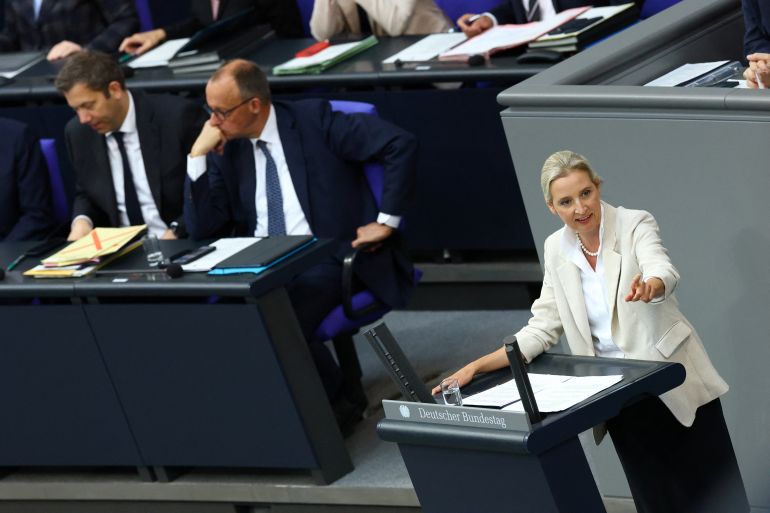 بين الشماتة والترقب.. كيف نظر الأوروبيون إلى المواجهة بين ترامب وماسك؟ 3 Alternative for Germany (AfD) co-leader Alice Weidel speaks during a plenum session of the lower house of parliament, the Bundestag, in Berlin, Germany May 14, 2025. REUTERS/Lisi Niesner