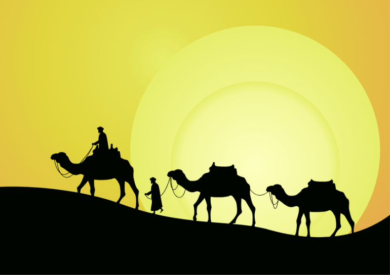“أسرار خزنة” ترصد صدمة الثقافة البدوية بالتكنولوجيا 1 stock vector camel caravan going through the desert on beautiful sunset background graphic illustration