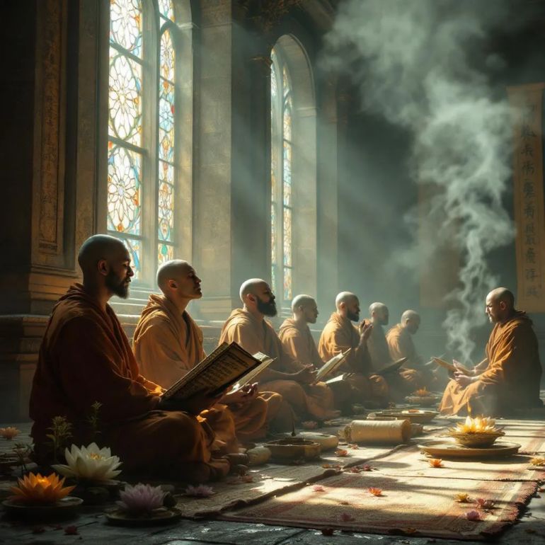 قتلى أو شهداء أو ضحايا؟ عن مفهوم التضحية ما بين اللغة والفلسفة والفكر الإسلامي 2 "A serene and contemplative scene inside an ancient temple, where a diverse group of thinkers and monks meditate and discuss the concept of sacrifice as spiritual purification and atonement for sins. Soft natural light filters through stained glass windows, illuminating peaceful faces deep in reflection. Around them, symbolic elements like lotus flowers, incense smoke, and ancient scrolls emphasize spiritual cleansing and mental discipline. The atmosphere is calm, thoughtful, and transcendent."