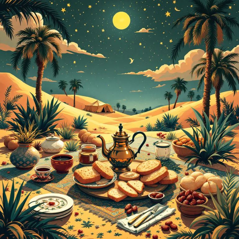 "مطبخ الرواية".. رحلة أدبية عبر عوالم الطعام بين التراث العربي والحداثة الغربية 2 Create an artistic illustration symbolizing the Arab novelist’s personal connection to the world of food and drink, set within a rich and diverse cultural landscape. Depict a symbolic scene where elements of traditional Arab cuisine—such as bread, dates, or a communal coffee pot—are displayed on an ornate carpet or traditional table, surrounded by subtle motifs evoking the desert and hospitality (like palm trees, tents, or flowing patterns). The image should highlight the spirit of generosity rooted in the region’s desert heritage, with a warm, inviting atmosphere. No human figures—focus on food, objects, and cultural symbols that convey the value of hospitality and the diverse cultural fabric of the Arab world.