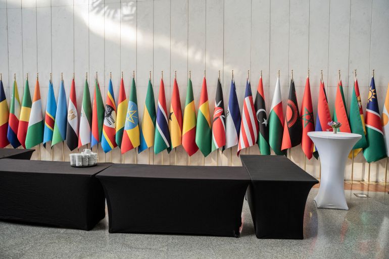 كتاب “جيوبوليتيك”: منع الغرب للجنوب من النووي جانب من صراع الحضارات 1 Flags of African Union Member states are seen during the 38th African Union (AU) Summit, where leaders will elect a new head of the AU Commission, at the AU Headquarters in Addis Ababa on February 15, 2025. (Photo by Amanuel Sileshi / AFP)