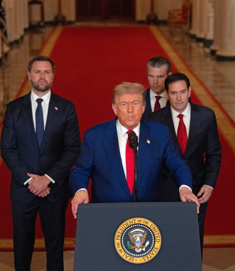 من يشعل جولة الحسم بين إسرائيل وإيران؟ 2 US President Donald Trump addresses the nation, alongside US Vice President JD Vance (L), US Secretary of State Marco Rubio (2nd R) and US Secretary of Defense Pete Hegseth (R), from the White House in Washington, DC on June 21, 2025, following the announcement that the US bombed nuclear sites in Iran.