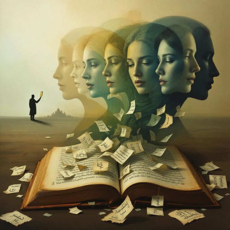 الناقد ليث الرواجفة: كيف تعيد "شعرية النسق الدميم" تشكيل الجمال السردي؟ 1 design a symbolic image that expresses the transformations of Arab narrative and the fragmentation of critical references. It depicts an old, open book, from which scattered papers bearing various symbols (Arabic calligraphy, digital codes, traditional images, theatrical masks, and intellectual circles) are scattered. The background of the image is divided into three overlapping, transparent layers: the first has a classical character (an Abbasid palace, Islamic motifs), the second has a modernist feel (abstract cement buildings), and the third is filled with postmodernist shifts (liquid colors, disjointed faces, and overlapping sentences). On the horizon, the shadow of an Arab writer or critic appears, holding a mirror, reflecting multiple faces representing the self, society, and history. The image should inspire contemplation, deconstruction, and inner rebirth.