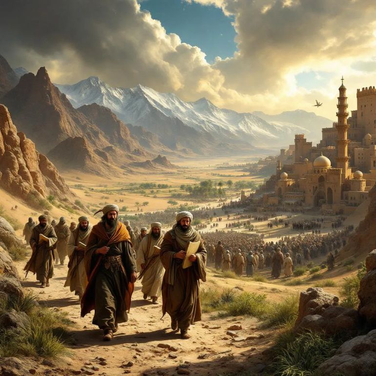 سيرة أخرى لابن البيطار بين ضياع الأندلس وسقوط الخلافة 4 A dramatic historical scene depicting Ibn al-Baytar, the Andalusian botanist and physician, traveling through diverse Middle Eastern landscapes in the 13th century. The foreground shows Ibn al-Baytar walking with a group of fellow scholars and loyal mamluks, carrying scrolls and botanical specimens. The background transitions from hot Arabian deserts with palm oases to the snowy high mountains of Anatolia. A distant storm brews, symbolizing the turbulent times. Nearby, a fortified medieval city represents Cairo or Damascus, bustling with soldiers and courtiers. Scenes of war and tension subtly appear: armies marching, political intrigue in palace windows, and looming crusader ships off a rocky coastline. Ibn al-Baytar is depicted thoughtfully discussing with his close companion, Ibn Abi Usaibi‘a, surrounded by ancient manuscripts referencing Greek scholars Dioscorides and Galen. The atmosphere mixes scholarly pursuit with the harsh realities of conflict. Style: realistic historical painting with earthy tones, dynamic lighting, and detailed expressions conveying determination and concern.