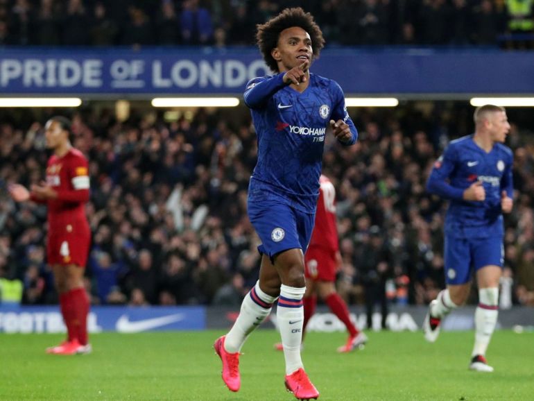 تاريخ "خطف الصفقات" بالبريميرليغ في مقدمتها انتقال رونالدو لمانشستر يونايتد 2 Soccer Football - FA Cup Fifth Round - Chelsea v Liverpool - Stamford Bridge, London, Britain - March 3, 2020 Chelsea's Willian celebrates scoring their first goal REUTERS/Hannah Mckay