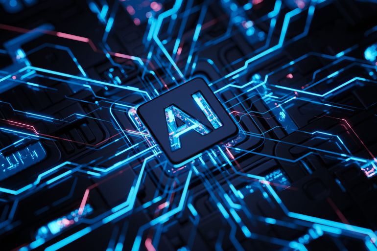 البروفيسور أديب-مقدم: الذكاء الاصطناعي وريث عنصرية الاستعمار والطبقية 2 AI concept Artificial Intelligence technology circuit motherboard chip computer design machine deep learning data network analysis futuristic. 3d rendering.