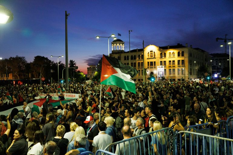 أبرز الصور في أسبوع.. تواصل الفظائع بغزة وكوارث طبيعية بأفغانستان 6 epa12358045 Supporters of the Palestine people join demonstrators to rally in a protest march on the occasion of the opening of the 89th Thessaloniki International Fair in Thessaloniki, Greece, 06 September 2025. More than 1,000 exhibitors will participate in the fair that is expanded in an area of 33,000 square metres. The 100th anniversary of its founding in 1925 gives this year's event a special importance with events that 'bridge' the past, the present and the future. The 89th Thessaloniki International Fair (TIF) will take place from 06 to 14 September. EPA/ACHILLEAS CHIRAS