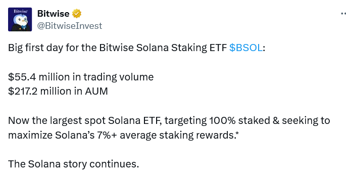 حققت مؤسسة Bitwise Solana Scking ETF حجم تداول بقيمة 55 مليون دولار عند ظهورها لأول مرة 1 09b022f259ef230e763b0fe872c87fced82c9b6e