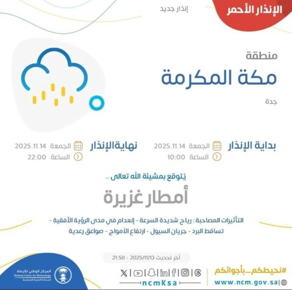 «الأرصاد» يعلن الإنذار الأحمر على جدة – أخبار السعودية 2614608.webp