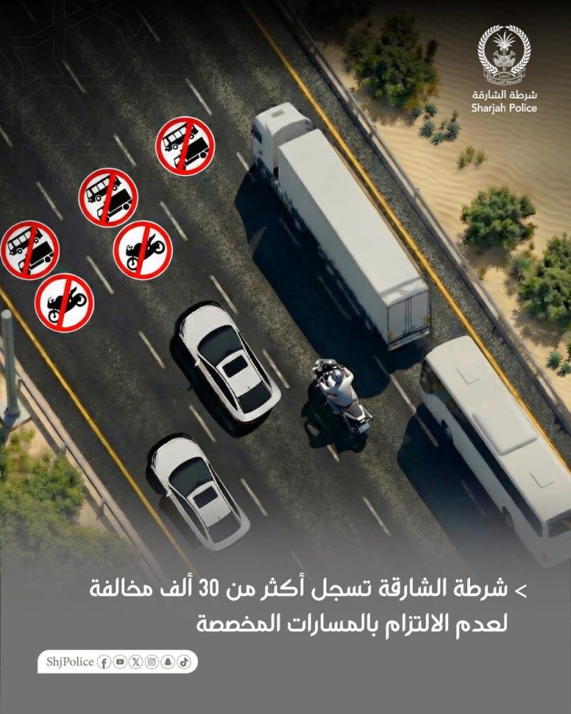 شرطة الشارقة تسجل أكثر من 30 ألف مخالفة لعدم الالتزام بالمسارات المخصصة 1765797493 image
