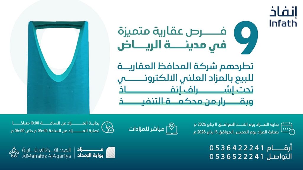 9 فرص عقارية متنوعة بمزاد بوابة الإمداد في العاصمة الرياض ajel2F2026 01 012F3wyn78ez2F88888888888