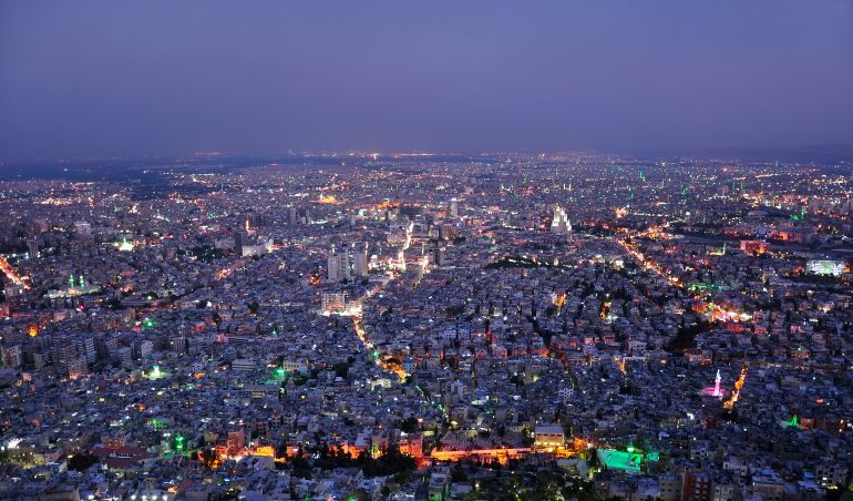 جبل قاسيون Damascus, Syria, aerial night view from Qasioun mount